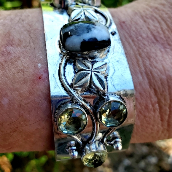 New Zebra Jasper and Citrine 925 Silver Cuff Bracelet. - Picture 8 of 12
